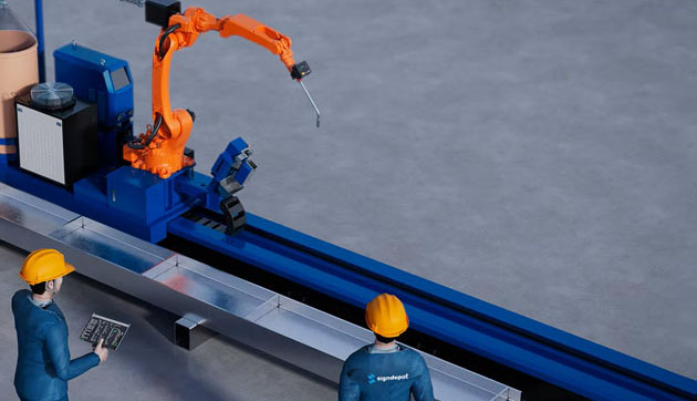 SD Laser R7 robothegesztő állomás lineáris pályán
